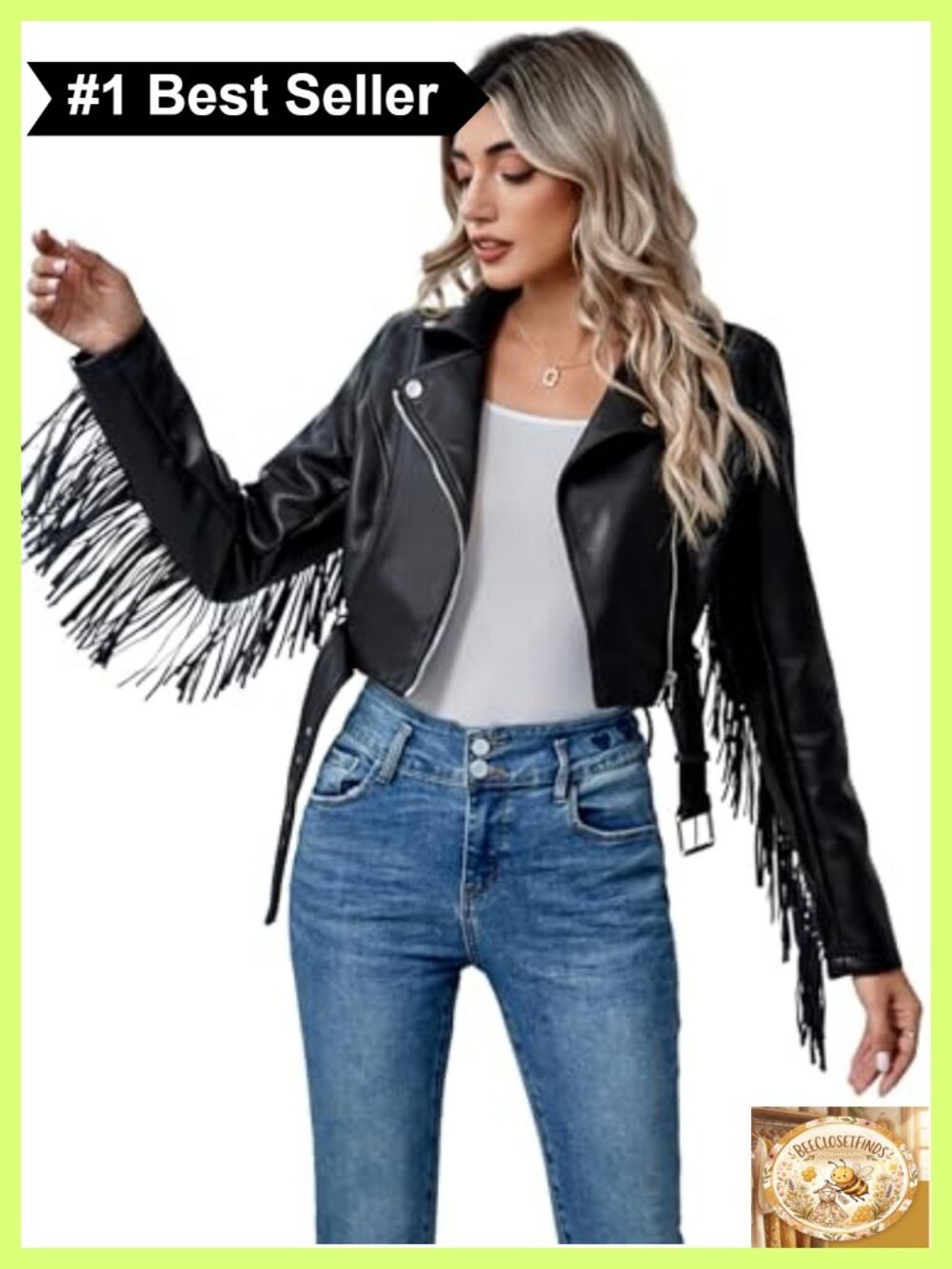 Faux Leather Moto Biker Jacket Belted Tassel Fringe Trim